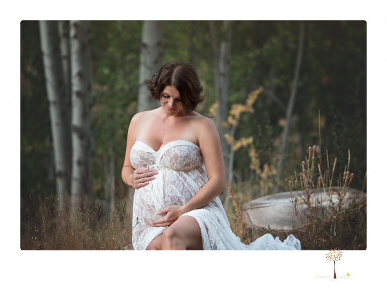 Sonora pregnancy photographer Christine Dibble Photography takes maternity portraits in golden sunlight outdoors of women wearing maternity dresses and tulle wraps.