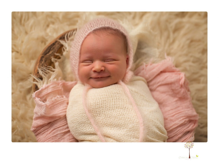 Best Sonora newborn photographer Christine Dibble Photography takes studio newborn portraits of a baby girl at eight days old with headbands, flowers and pink touches in the props.