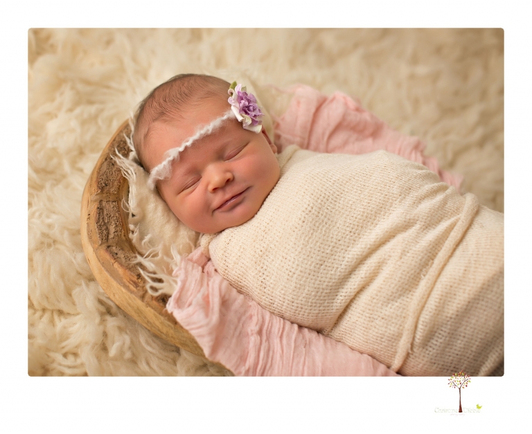 Best Sonora newborn photographer Christine Dibble Photography takes studio newborn portraits of a baby girl at eight days old with headbands, flowers and pink touches in the props.