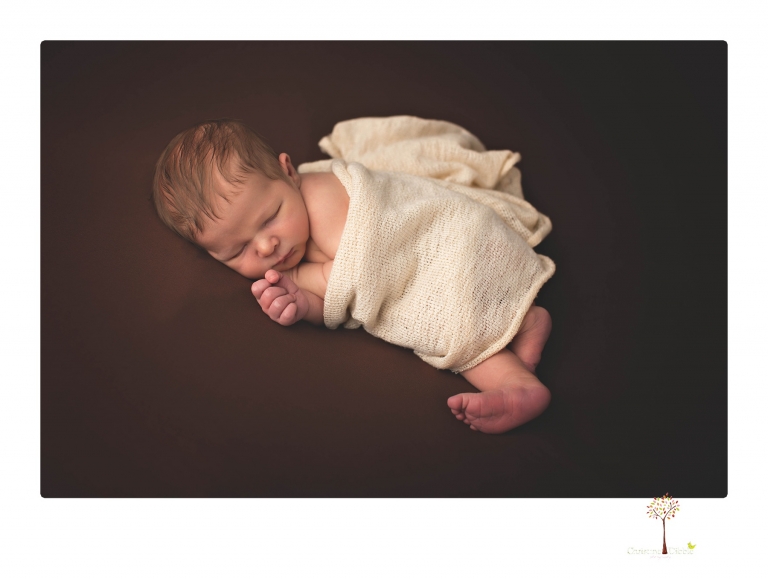 Best Sonora newborn photographer Christine Dibble Photography takes studio newborn portraits of a baby boy as he sleeps in wraps and buckets with a color scheme of blues and browns.