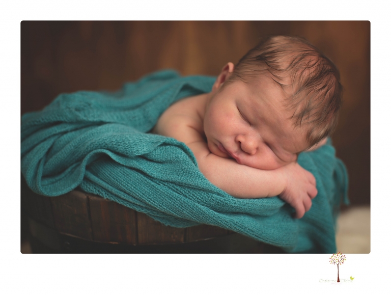 Best Sonora newborn photographer Christine Dibble Photography takes studio newborn portraits of a baby boy as he sleeps in wraps and buckets with a color scheme of blues and browns.