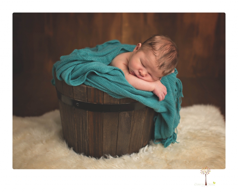 Best Sonora newborn photographer Christine Dibble Photography takes studio newborn portraits of a baby boy as he sleeps in wraps and buckets with a color scheme of blues and browns.