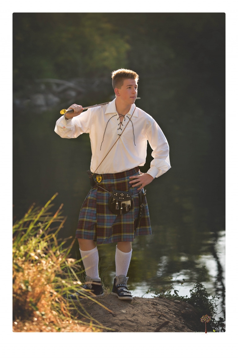Summerville Senior Portrait photographer Christine Dibble of Sonora takes senior portraits of a boy in a kilt, a nerd scene, an explosion and a tuxedo at Knights Ferry.