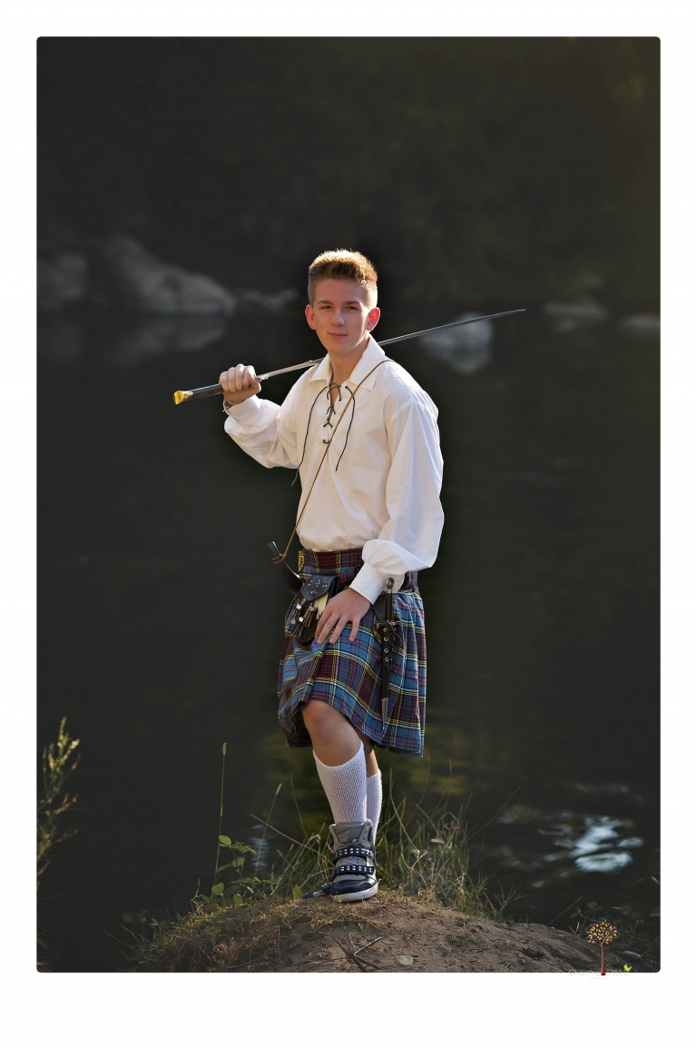 Summerville Senior Portrait photographer Christine Dibble of Sonora takes senior portraits of a boy in a kilt, a nerd scene, an explosion and a tuxedo at Knights Ferry.
