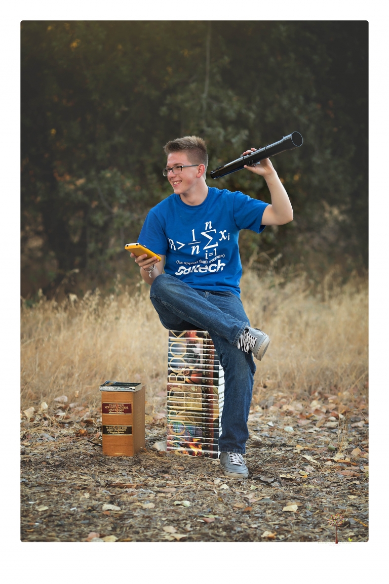 Summerville Senior Portrait photographer Christine Dibble of Sonora takes senior portraits of a boy in a kilt, a nerd scene, an explosion and a tuxedo at Knights Ferry.