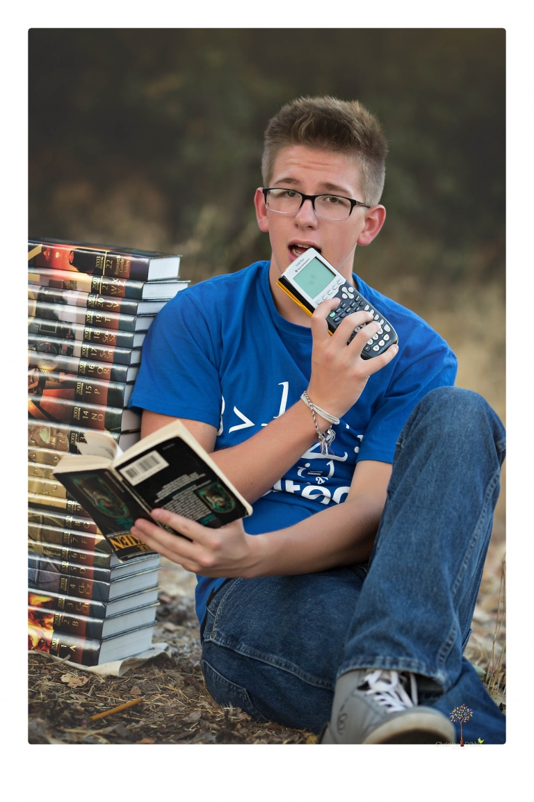 Summerville Senior Portrait photographer Christine Dibble of Sonora takes senior portraits of a boy in a kilt, a nerd scene, an explosion and a tuxedo at Knights Ferry.