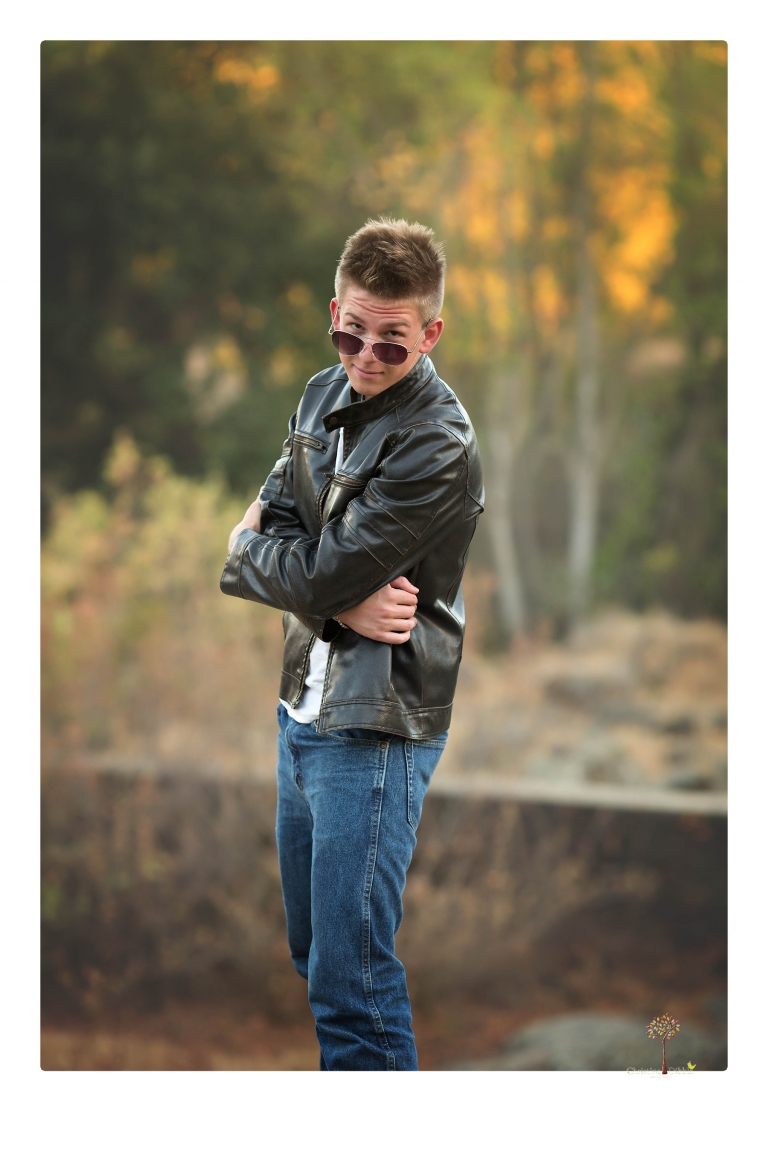 Summerville Senior Portrait photographer Christine Dibble of Sonora takes senior portraits of a boy in a kilt, a nerd scene, an explosion and a tuxedo at Knights Ferry.