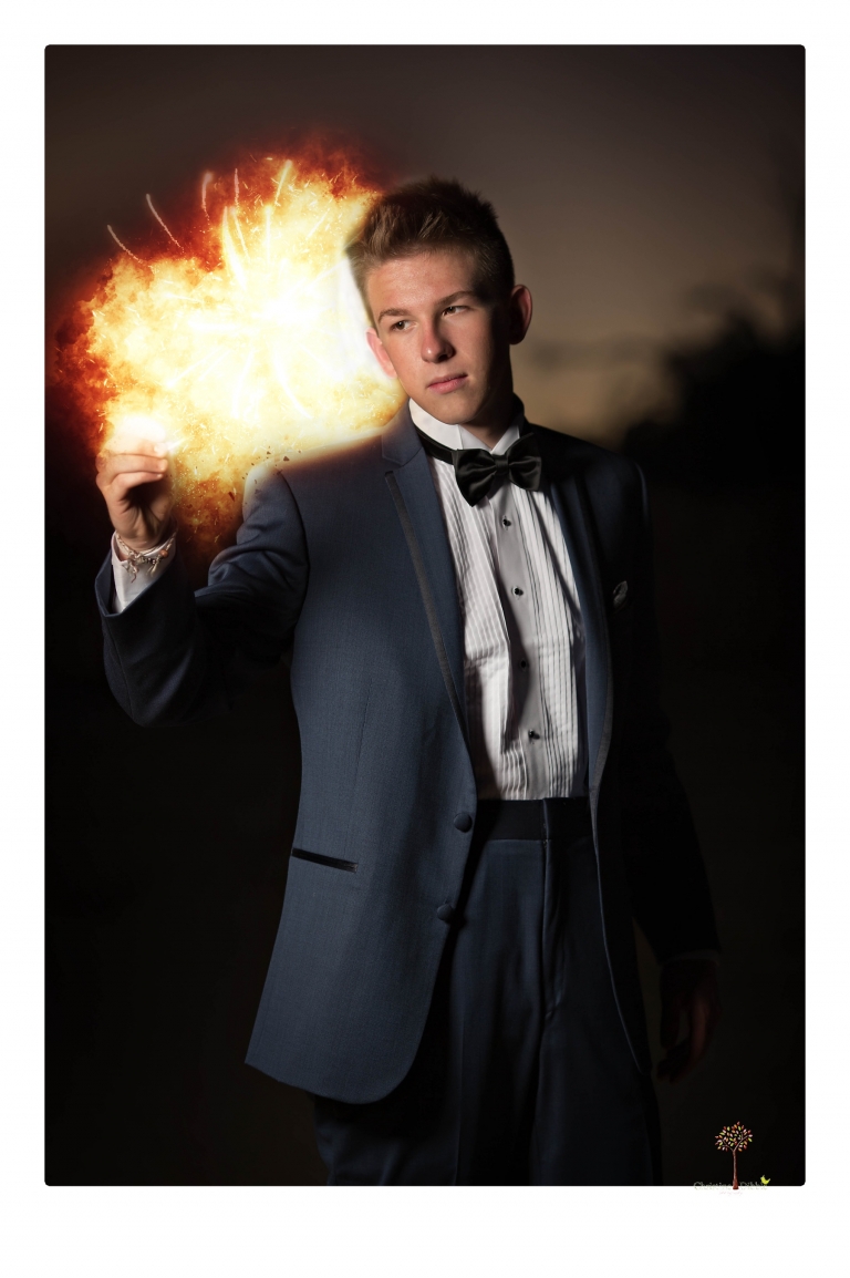 Summerville Senior Portrait photographer Christine Dibble of Sonora takes senior portraits of a boy in a kilt, a nerd scene, an explosion and a tuxedo at Knights Ferry.