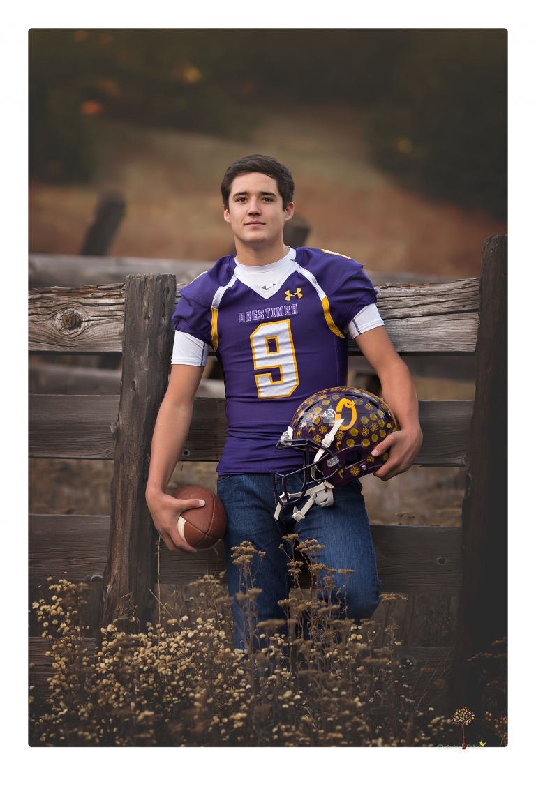 Orestimba senior portrait photographer Christine Dibble Photography of Sonora takes senior and family portraits of a football, baseball and basketball player in Long Barn.