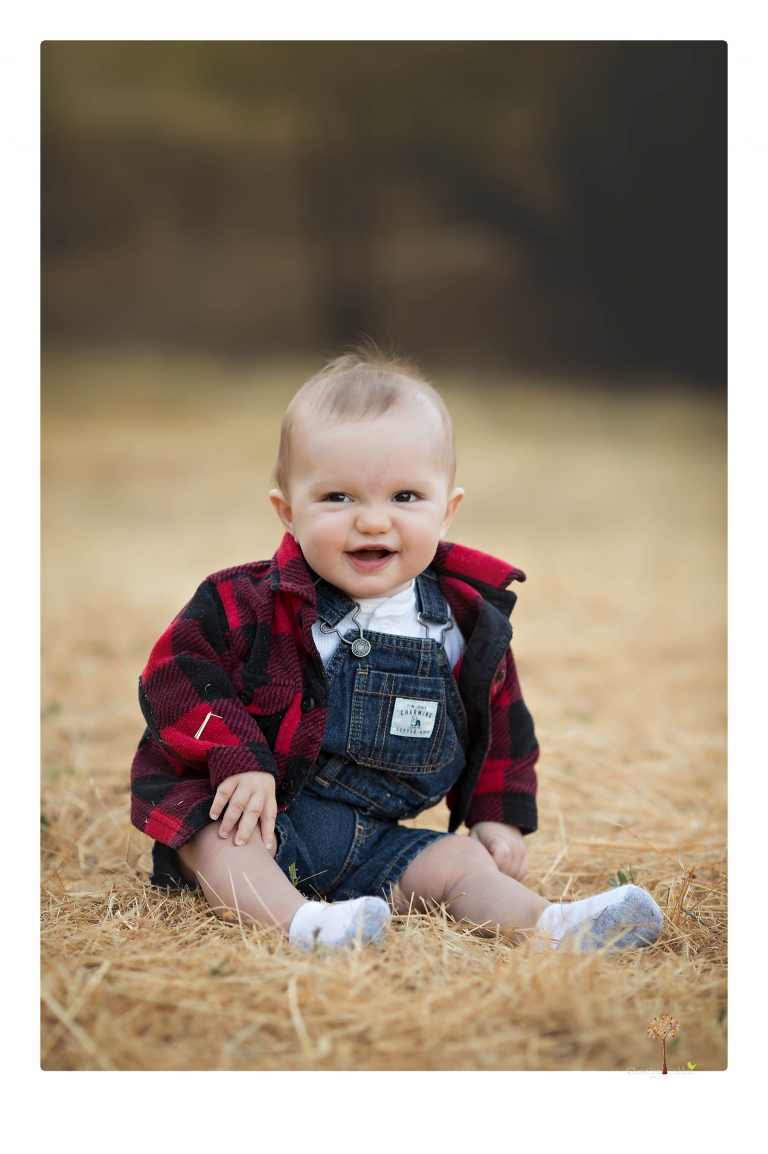 Sonora baby photographer Christine Dibble Photography takes photos of an eight month old baby boy in a field in Columbia with a stuffed dog and pumpkins.