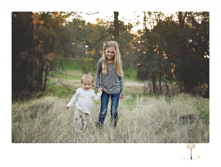 Sonora family photographer Christine Dibble Photography takes family portraits in a private vineyard as a family plays and climbs trees and rocks.