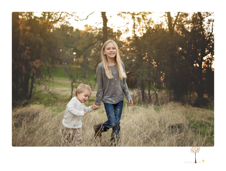 Sonora family photographer Christine Dibble Photography takes family portraits in a private vineyard as a family plays and climbs trees and rocks.