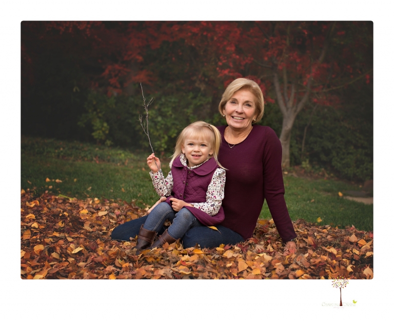 Murphys family photographer Christine Dibble Photography takes family portraits in the fall at Ironstone Vineyards of a family and grandparents as they play in colored leaves.