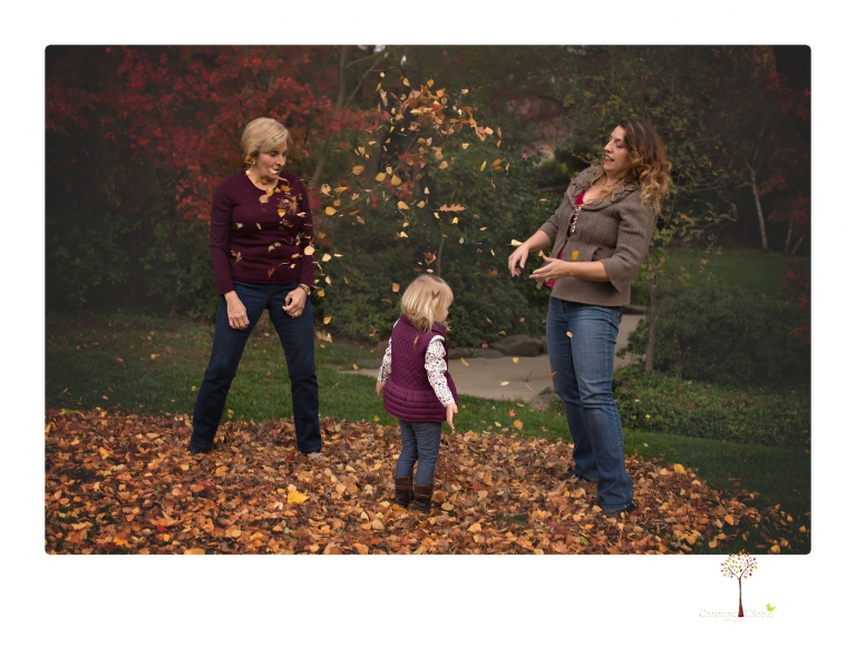 Murphys family photographer Christine Dibble Photography takes family portraits in the fall at Ironstone Vineyards of a family and grandparents as they play in colored leaves.
