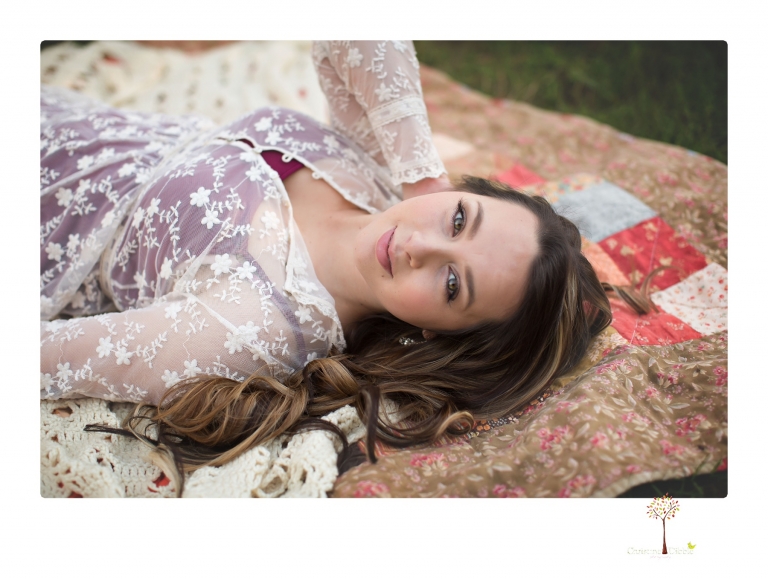 Sonora and Summerville Senior Portrait photographer Christine Dibble Photography takes senior portraits at Indigeny Reserve of a girl with vintage suitcases, a classic Ford Mustang, and her little dog, Pumpkin.