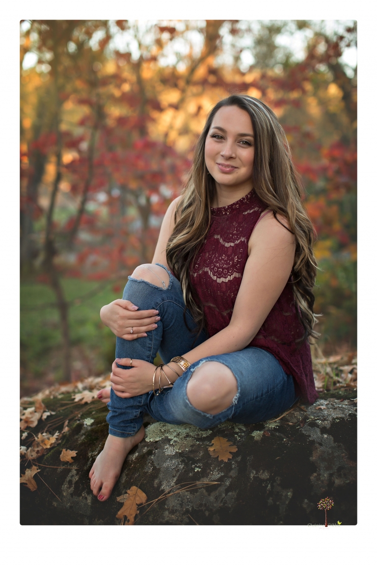 Sonora and Summerville Senior Portrait photographer Christine Dibble Photography takes senior portraits at Indigeny Reserve of a girl with vintage suitcases, a classic Ford Mustang, and her little dog, Pumpkin.