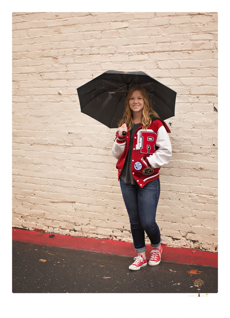 Sonora senior portrait photographer Christine Dibble Photography takes portraits of a Ripon High School senior in Columbia and downtown Sonora in the rain.