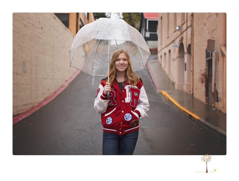 Sonora senior portrait photographer Christine Dibble Photography takes portraits of a Ripon High School senior in Columbia and downtown Sonora in the rain.