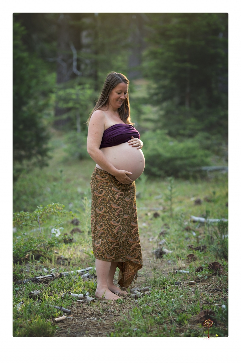 Sonora maternity photographer Christine Dibble Photography takes Long Barn maternity portraits in a field and woods of a mother-to-be and her family.