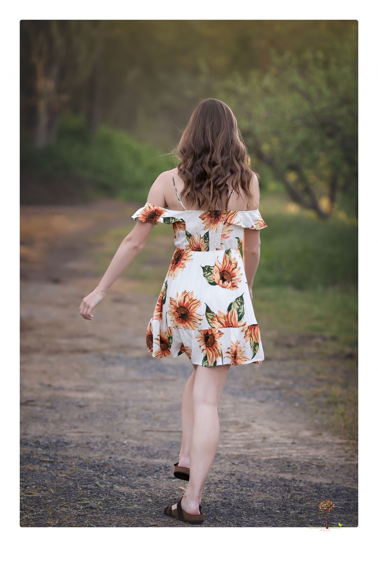 Sonora High School Senior Photographer Christine Dibble Photography photographs a senior portrait session at Indigeny Reserve of a girl among the apple trees and in the creek.