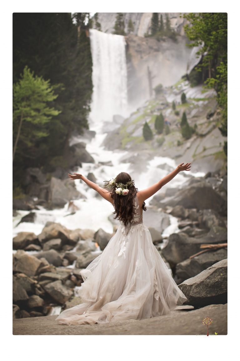 Sonora Photographer Christine Dibble Photography photographs a Yosemite Housekeeping Camp wedding that included a hike to Vernal Falls on the Mist Trail for day after wedding portraits.