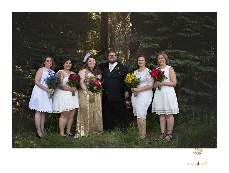 Sonora photographer Christine Dibble Photography photographs a wedding at Bear Valley Resort where the bride wore gold sequins.