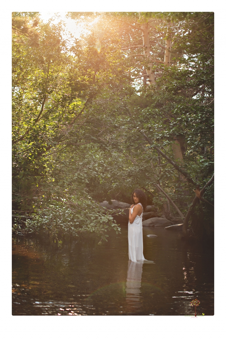 Sonora photographer Christine Dibble Photography takes portraits of a senior in Mammoth Lakes as she poses in a creek and meadow in thrift shop dresses.