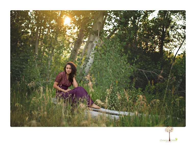 Sonora photographer Christine Dibble Photography takes portraits of a senior in Mammoth Lakes as she poses in a creek and meadow in thrift shop dresses.