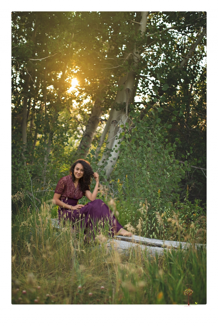 Sonora photographer Christine Dibble Photography takes portraits of a senior in Mammoth Lakes as she poses in a creek and meadow in thrift shop dresses.