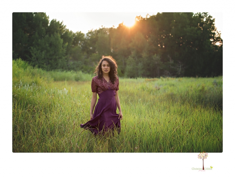 Sonora photographer Christine Dibble Photography takes portraits of a senior in Mammoth Lakes as she poses in a creek and meadow in thrift shop dresses.