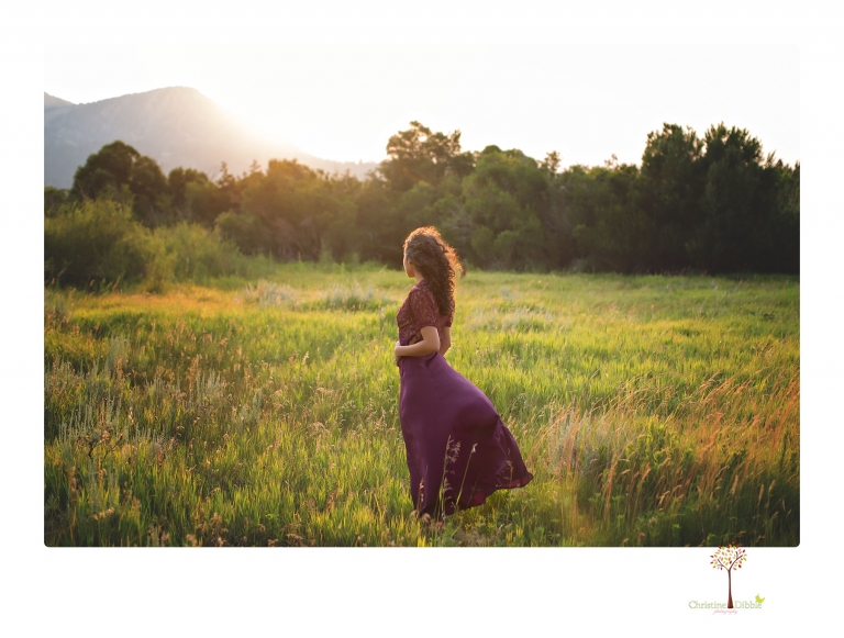 Sonora photographer Christine Dibble Photography takes portraits of a senior in Mammoth Lakes as she poses in a creek and meadow in thrift shop dresses.